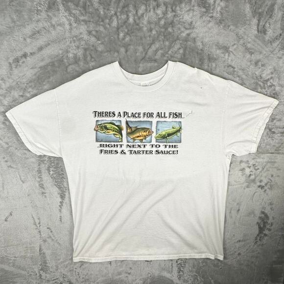 VTG 00s There’s A Place For All Fish Next To Fries&Tartar Sauce White Tshirt XL - Picture 3 of 8